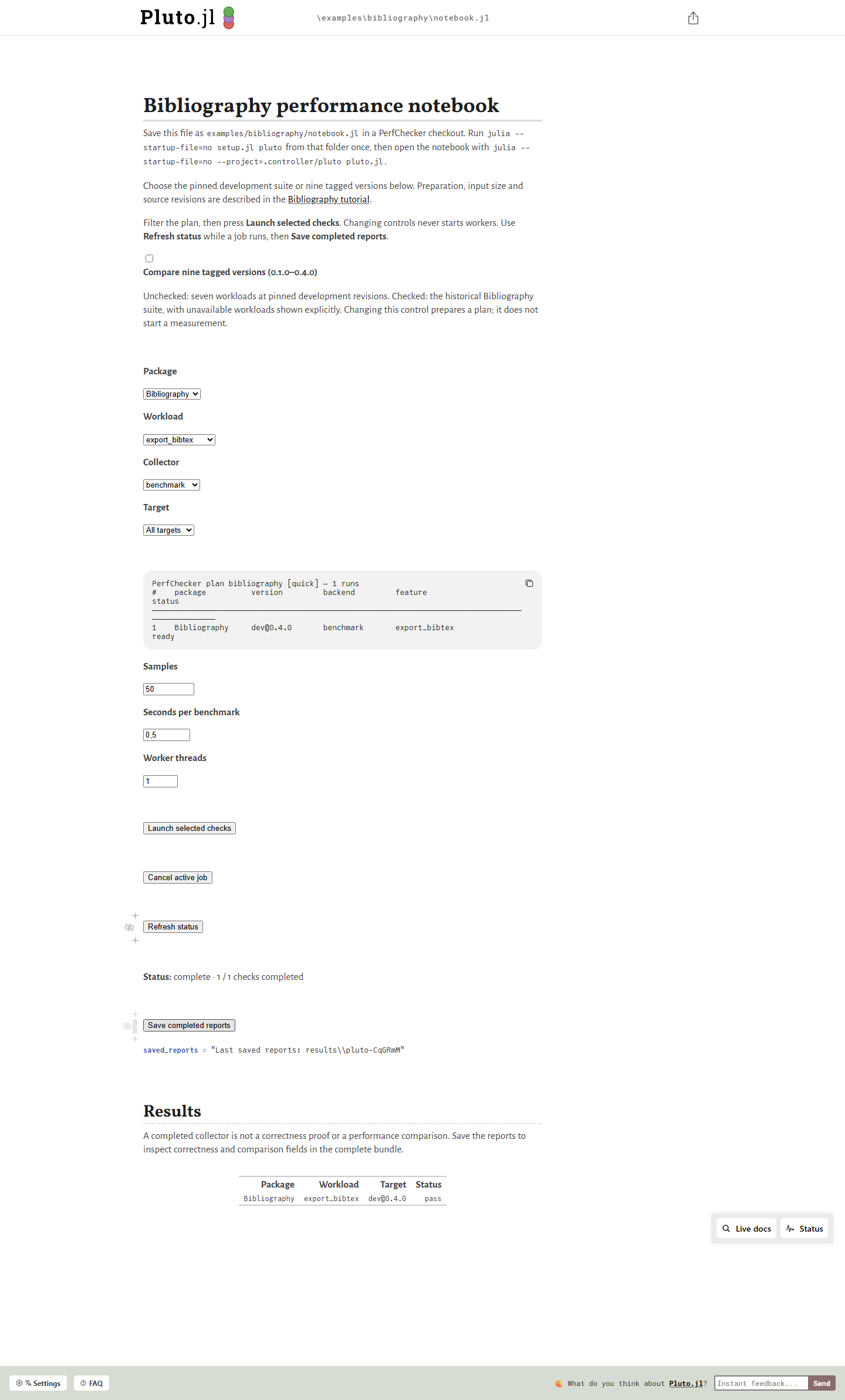 Pluto displaying a completed Bibliography export check and saved reports