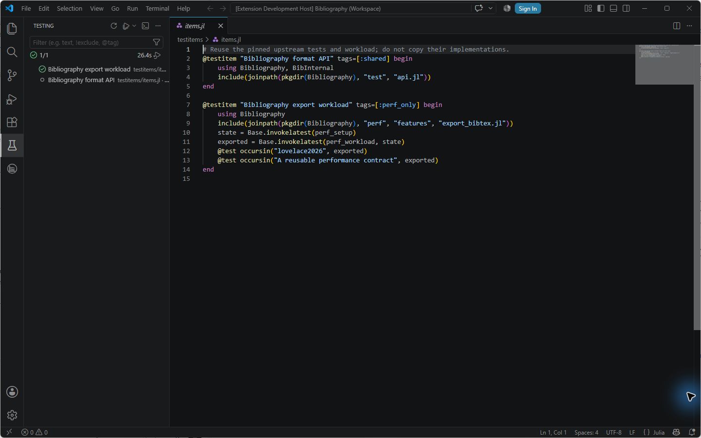 VS Code Testing view: the Bibliography export workload passed and the format API item remains unrun